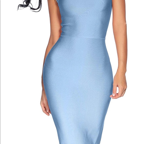 Ice Blue houstil Women's V Neck Halter Fishtail Bandage Bodycon Dress Party - Picture 3 of 4